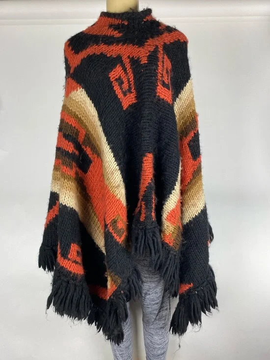 Vintage Ralph Lauren Wool Poncho Cape Southwestern Aztec Hand Knit Fringe . - Picture 1 of 10